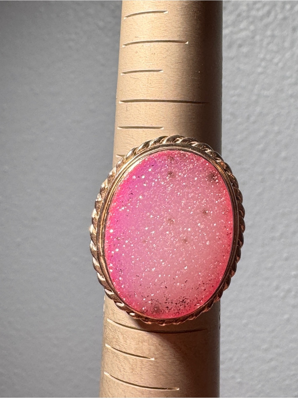 Gold-Trim Pink Druzy Oval Ring